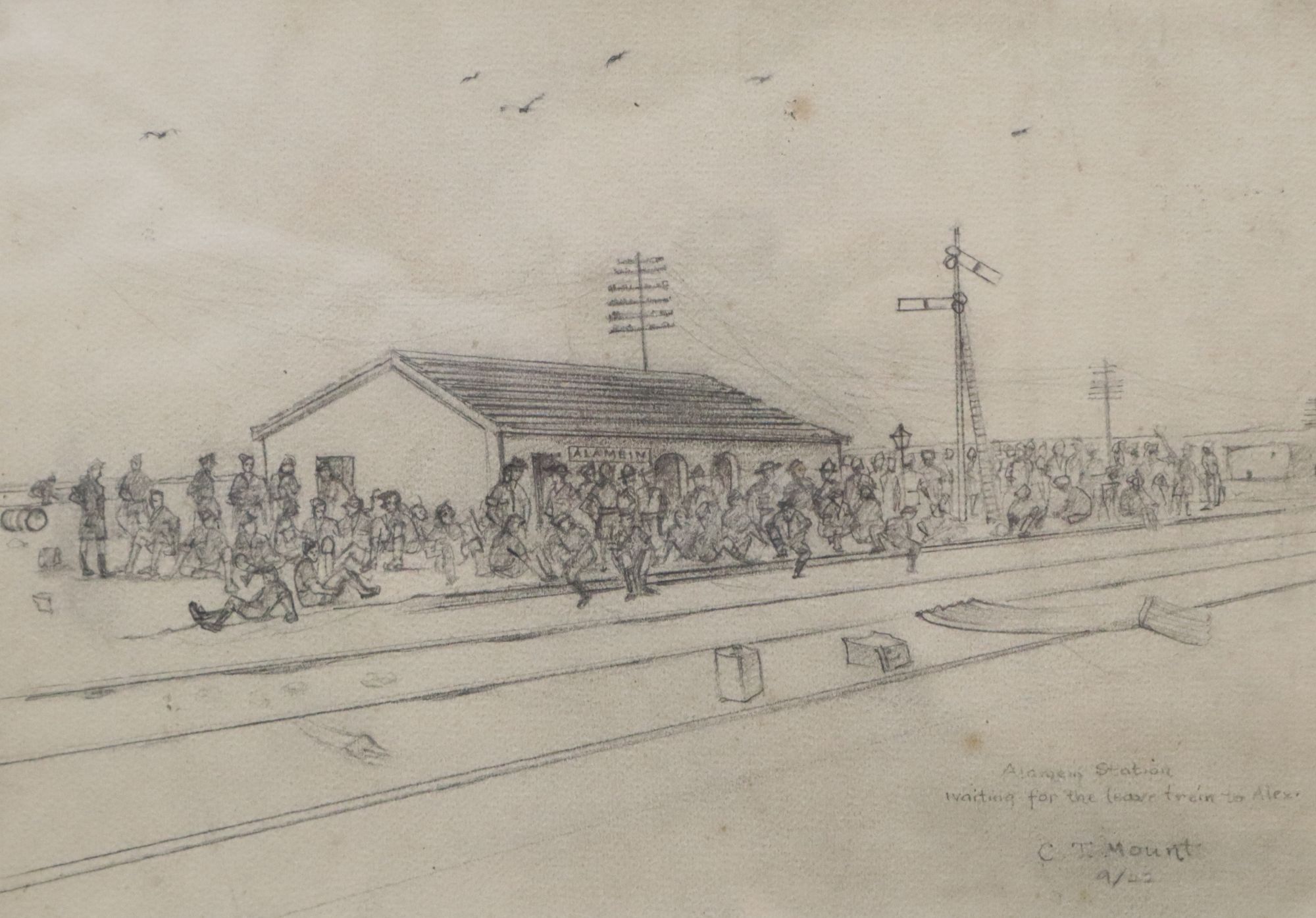 Cyril Mount (1920-2013), two drawings, Stuka raid on battery position, Alamein, 9/42 and Alamein Station, Waiting for the Leave Train t